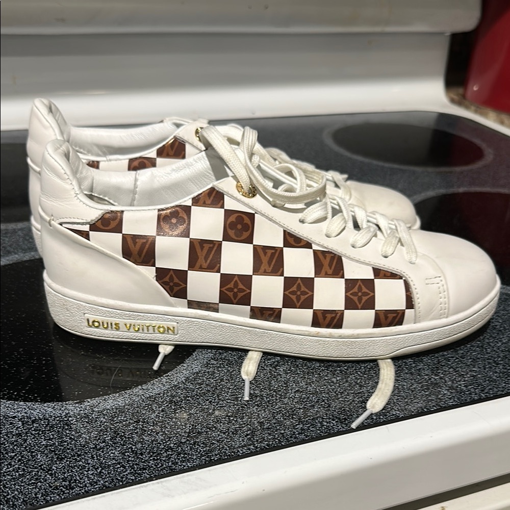 Louis Vuitton White and Brown Checkered Sneakers
